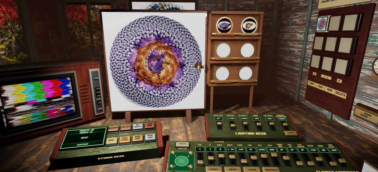 The PaintShed 3D studio interface with bowl, physical controls, paints and tools